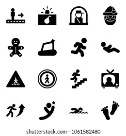 Solid vector icon set - travolator vector, terrorism, officer window, santa claus, cake man, treadmill, run, abdominal muscles, pedestrian road sign, no, career, tv news, flying, swimming, feet