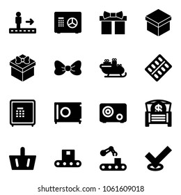 Solid vector icon set - travolator vector, safe, gift, bow, santa sleigh, pills blister, money chest, basket, conveyor, check