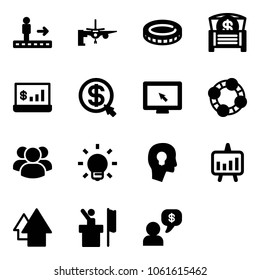 Solid vector icon set - travolator vector, boarding passengers, coin, money chest, account statistics, click, monitor cursor, friends, group, bulb, head, presentation chart, arrow up, speaker