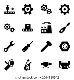 Solid vector icon set - travolator vector, heart gear, gears, conveyor, plant, chisel, wrench, screwdriver, nail, nut, Angular grinder, winch, pipe welding, sharpening