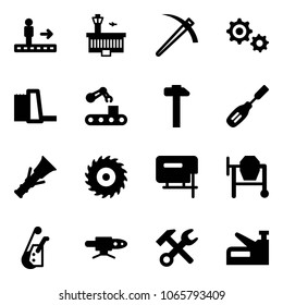 Solid vector icon set - travolator vector, airport building, job, gear, water power plant, conveyor, hammer, chisel, dowel, saw disk, jig, cocncrete mixer, winch, pipe welding, wrench, stapler