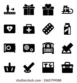 Solid vector icon set - travolator vector, gift, sleigh, first aid kit, doctor bag, pills blister, milk, safe, money chest, check, basket, tool box