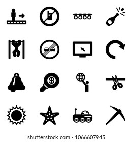 Solid vector icon set - travolator vector, no mobile sign, garland, champagne, pull ups, end overtake limit road, monitor cursor, redo, bell, search money, world, opening, sun, starfish, moon rover