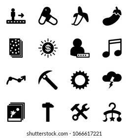 Solid vector icon set - travolator vector, pills, banana, eggplant, breads, dollar sun, user password, music, chart point arrow, rock axe, storm, photo, hammer, wrench, baby carousel