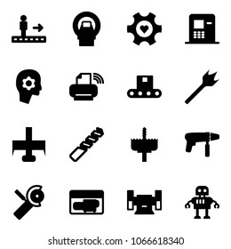 Solid vector icon set - travolator vector, mri, heart gear, atm, brain work, printer wireless, conveyor, wood drill, milling cutter, crown, machine, Angular grinder, generator, sharpening, robot