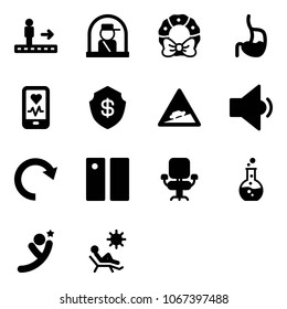 Solid vector icon set - travolator vector, officer window, christmas wreath, stomach, mobile heart monitor, safe, climb road sign, low volume, redo, pause, office chair, round flask, flying man