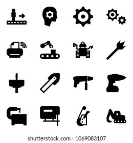 Solid vector icon set - travolator vector, brain work, gear, printer wireless, conveyor, robot, wood drill, crown, tile, machine, tool, jig saw, winch, excavator toy