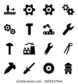 Solid vector icon set - travolator vector, heart gear, gears, work, conveyor, wrench, hammer, plant, plumber, screw, clinch, saw disk, toy block house