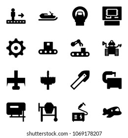 Solid Vector Icon Set - Travolator Vector, Snowmobile, Mri, Atm, Gear, Conveyor, Robot, Milling Cutter, Crown Drill, Tile, Machine Tool, Jig Saw, Cocncrete Mixer, Welding, Plane Toy