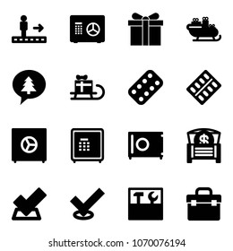 Solid vector icon set - travolator vector, safe, gift, santa sleigh, merry christmas message, pills blister, money chest, check, tool box