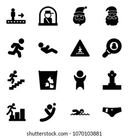 Solid vector icon set - travolator vector, officer window, santa claus, run, abdominal muscles, pedestrian road sign, head hunter, career, garbage, success, winner, flying man, swimming, swimsuit