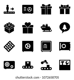 Solid vector icon set - travolator vector, safe, gift, santa sleigh, merry christmas message, pills blister, conveyor, tool box