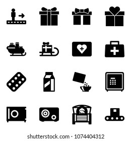 Solid vector icon set - travolator vector, gift, santa sleigh, first aid kit, doctor bag, pills blister, milk, cereal, safe, money chest, conveyor