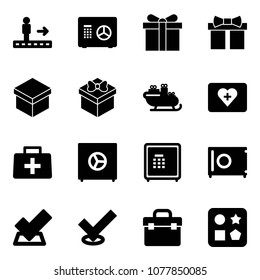Solid vector icon set - travolator vector, safe, gift, santa sleigh, first aid kit, doctor bag, check, tool box, cube hole toy