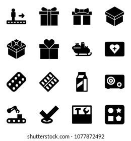 Solid vector icon set - travolator vector, gift, santa sleigh, first aid kit, pills blister, milk, safe, conveyor, check, tool box, cube hole toy