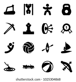Solid vector icon set - treadmill vector, pull ups, gymnastics, weight, job, winner, solution, gold medal, flying man, volleyball, kayak, windsurfing, fishing, cabrio, beach ball, bow