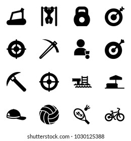 Solid vector icon set - treadmill vector, pull ups, weight, target, job, winner, rock axe, pool, inflatable, cap, volleyball, badminton, bike
