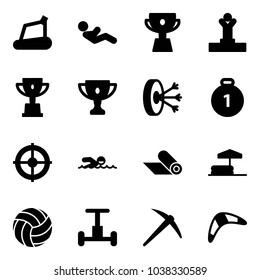 Solid vector icon set - treadmill vector, abdominal muscles, cup, winner, win, gold, solution, medal, target, swimming, mat, inflatable pool, volleyball, gyroscope, axe, boomerang