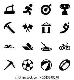 Solid vector icon set - treadmill vector, run, target, cup, rock axe, flags cross, pennant, flying man, swimming, mat, fishing, bike, soccer ball, beach, football