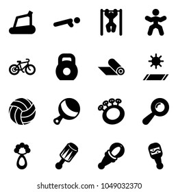 Solid vector icon set - treadmill vector, push ups, pull, gymnastics, bike, weight, mat, volleyball, beanbag