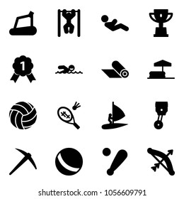 Solid vector icon set - treadmill vector, pull ups, abdominal muscles, win cup, gold medal, swimming, mat, inflatable pool, volleyball, badminton, windsurfing, piston, axe, ball, baseball bat, bow