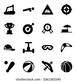 Solid vector icon set - treadmill vector, push ups, road for moto sign, target, win cup, gold medal, inflatable pool, cap, gyroscope, protective glasses, boomerang, baseball bat, beach ball, bow