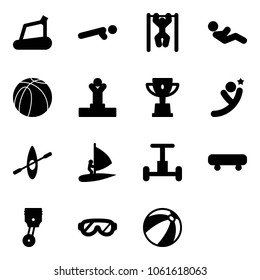 Solid vector icon set - treadmill vector, push ups, pull, abdominal muscles, basketball ball, winner, win cup, flying man, kayak, windsurfing, gyroscope, skateboard, piston, protective glasses