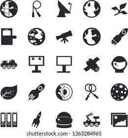 Solid vector icon set - tree leaf flat vector, earth, satellite antenna, billboard, rocket, moon, satellit, lunar rover, telescope, folders for papers, core of the fector, astronaut helmet, gallery