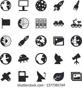 Solid vector icon set - tree leaf flat vector, earth, satellite antenna, billboard, rocket, flag, moon, satellit, lunar rover, ufo, telescope, folders for papers, core of the fector, baggage claim