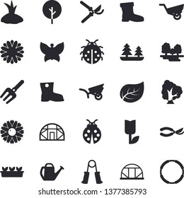 Solid vector icon set - tree flat vector, flower, ladybird, pitchfork, secateurs, watering can, planting plants, garden wheelbarrow, gumboots, tulip, seedlings, butterflies, greenhouse, leaf, forest