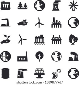 Solid vector icon set - tree flat vector, seedlings, solar battery, windmill, earth, factory, oil tanks, forest, hydroelectric power station, manufactory, plant, nuclear, fector