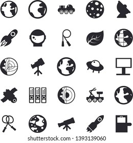 Solid vector icon set - tree leaf flat vector, earth, satellite antenna, billboard, rocket, moon, satellit, lunar rover, ufo, telescope, folders for papers, core of the fector, astronaut helmet