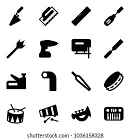 Solid vector icon set - trowel vector, level, chisel, wood drill, jig saw, rasp, stapler, allen key, forceps, tambourine, drum, xylophone, horn toy, piano
