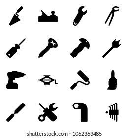 Solid vector icon set - trowel vector, jointer, wrench, plumber, screwdriver, screw, wood drill, jack, paint roller, brush, rasp, allen key, set