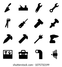 Solid vector icon set - trowel vector, jointer, wrench, plumber, screwdriver, bolt, nail dowel, screw, wood drill, tool box, allen key, set