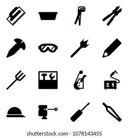 Solid Vector Icon Set - Trowel Vector, Basin, Plumber, Bolt Cutter, Screw, Protective Glasses, Wood Drill, Pencil, Farm Fork, Tool Box, Winch, Welding, Construction Helmet, Laser Lever, Awl, Forceps