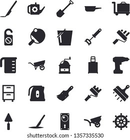 Solid vector icon set - trowel flat vector, wheelbarrow, drill screwdriver, paint brush, roller, door lock, putty knife, saute, meashuring cup, electric kettle, whisk, coffee grinder, shovel, garden