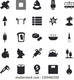 Solid vector icon set - trowel flat vector, teapot, sauce, canned food, soup, sandwich, ear, trammel, drop, satellite antenna, idea, pills, syringe, disabled, ambulance, satellit, spark, cpu, island
