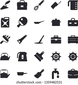 Solid vector icon set - trowel flat vector, saw, tool bag, paint brush, roller, putty knife, saucepan, frying pan, saute, meashuring cup, teapot, electric kettle, whisk, water tap, canister, scalpel