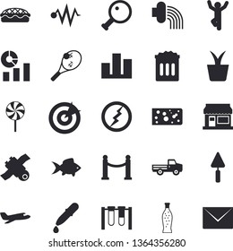 Solid vector icon set - trowel flat vector, cheese, pie, lollipop, fish, lemonade, home plant, pickup truck, grain warehouse, hose irrigation, statistics, pipette, statistic, target, satellit