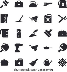Solid vector icon set - trowel flat vector, drill screwdriver, paint brush, roller, door lock, putty knife, saucepan, frying pan, meashuring cup, teapot, electric kettle, saw, secateurs, canister
