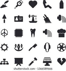 Solid vector icon set - trowel flat vector, spring balance, cook hat, knives, meat hammer, hose irrigation, sun, ventilation, solar battery, oil pumping, flip chart, heart, tooth, badge, teamwork