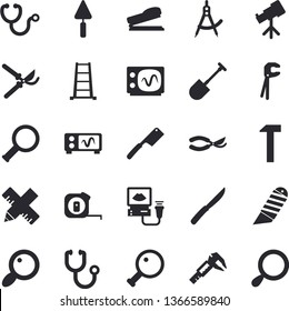 Solid vector icon set - trowel flat vector, tool, tape measure, stationery knife, hammer, knives, shovel, secateurs, ladder, trammel, dividers, magnifier, stethoscope, ultrasound, stapler, telescope