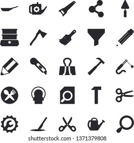 Solid vector icon set - trowel flat vector, saw, paint brush, repair, stationery knife, ax, hammer, frying pan, scissors, double boiler, watering can, welding, funnel, tomograph, scalpel, magnifier