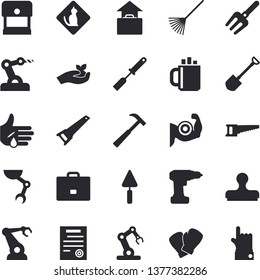 Solid vector icon set - trowel flat vector, drill screwdriver, saw, hammer, kitchen spatula, pitchfork, shovel, seedlings, rake, robotics, case, injury, coffee, contract, robot hand, industrial