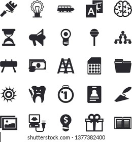 Solid vector icon set - trowel flat vector, ladder, paint roller, lollipop, SIM card, cash, idea, present, ultrasound, broken tooth, computer file, classification, brain, medal, train fector, sun