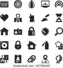 Solid vector icon set - trowel flat vector, house, computer chart, security fector, broadcast, translate, clip, badge, hourglass, calendar, binder, fire extinguisher, magnifier, lock, indicate, drop