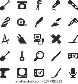 Solid vector icon set - trowel flat vector, tool, drill screwdriver, tape measure, stationery knife, weighing machine, knives, temperature, shovel, trammel, dividers, pipette, ultrasound, scalpel