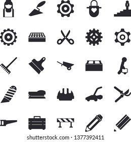 Solid vector icon set - trowel flat vector, wheelbarrow, tool bag, hard hat, putty knife, brick, stationery, barrier, apron, scissors, saw, secateurs, rake, lawn mower, cogwheel, nurse, pencil
