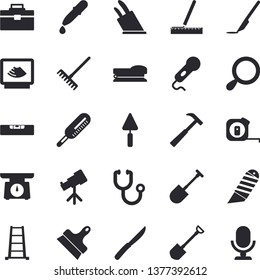 Solid vector icon set - trowel flat vector, tape measure, tool bag, level meter, putty knife, stationery, hammer, weighing machine, knives, shovel, rake, ladder, pipette, stethoscope, ultrasound